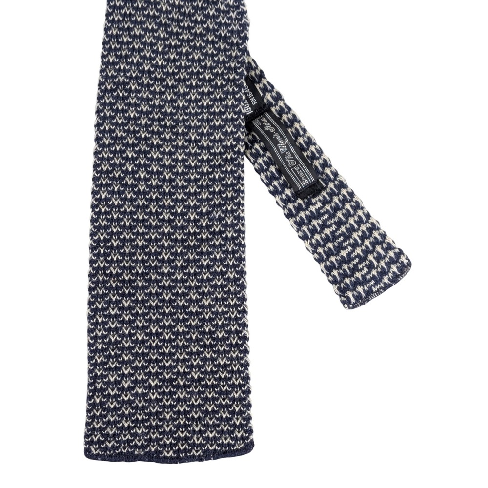 VTG Sears The Mens Store Knit Tie Navy Blue Cream 100% Wool Square End 55x3.75